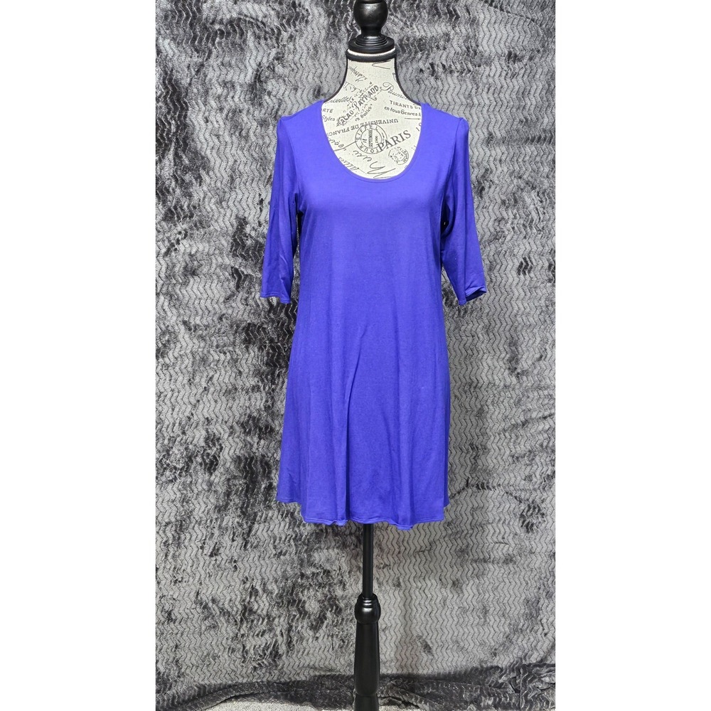 Eileen Fisher Dress Sz Medium Scoop Neck Blue A Line Shift ‎ 3/4 Sleeve Stretch